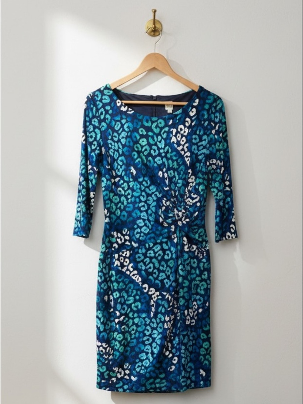 Sangaria Blue Animal Print Ruched Detail 3/4 Sleeve Dress Size 10